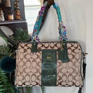 Coach Signature Stripe Dark Green Python Snakeskin Canvas Satchel Shoulder Bag